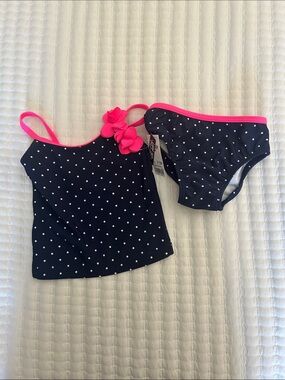 Oshkosh 9-12M Girl Polka Dot Navy & Hot Pink Tankini Set NWT